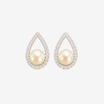 Teardrop Hollow CZ Halo Pearl Stud EarringsSilver Tone Large Round Pearl Statement Earrings for Women Bridal Wedding Jewelry