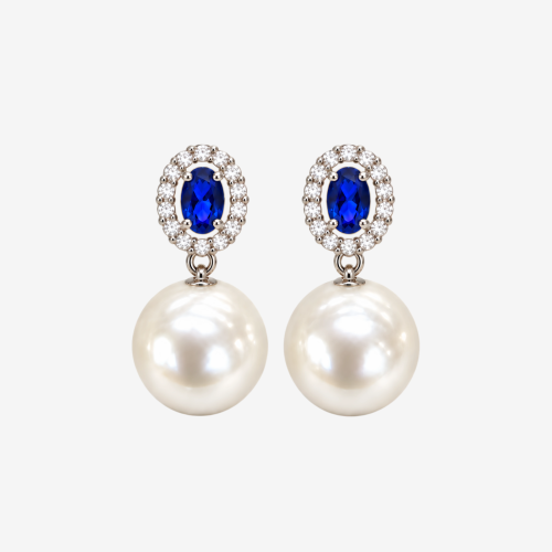 Oval Blue Sapphire CZ Halo Pearl Drop EarringsSilver Tone Dangle Earrings for Women Bridal Wedding Jewelry (2)
