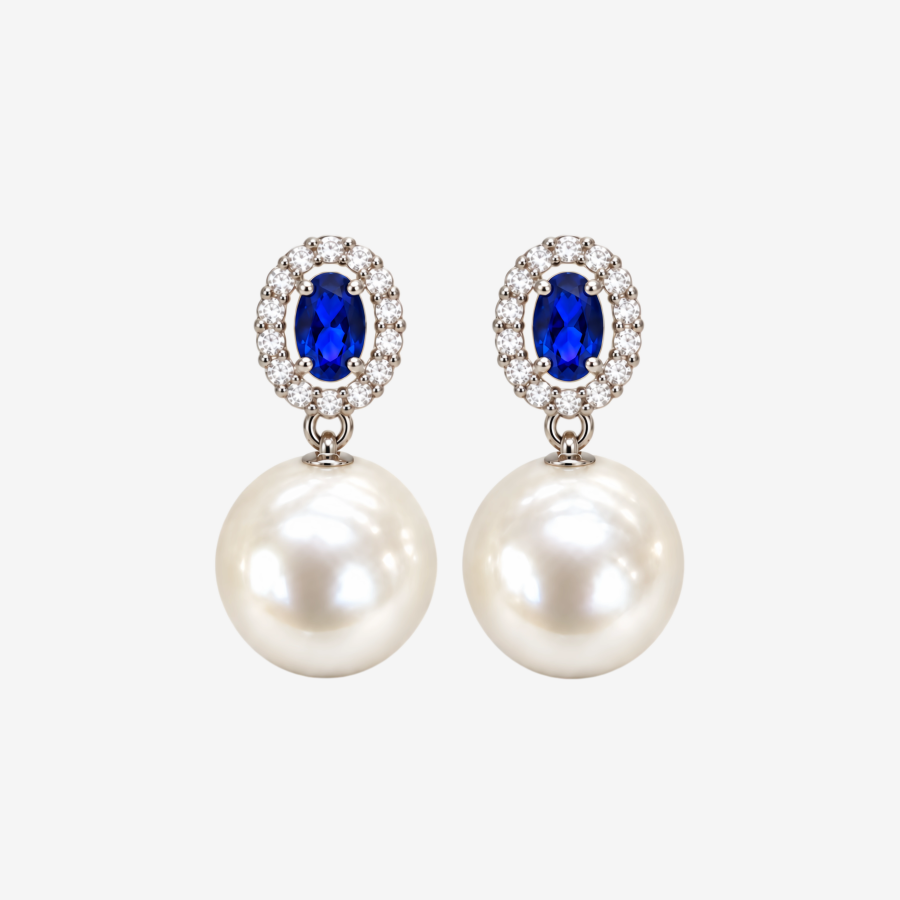 Oval Blue Sapphire CZ Halo Pearl Drop EarringsSilver Tone Dangle Earrings for Women Bridal Wedding Jewelry (2)