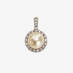Round Pearl Pendant with Double Halo CZ Crystals,Silver Tone Large Pearl Halo Charm Pendant for Women Necklace Jewelry
