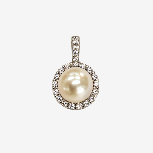 Round Pearl Pendant with Double Halo CZ Crystals,Silver Tone Large Pearl Halo Charm Pendant for Women Necklace Jewelry