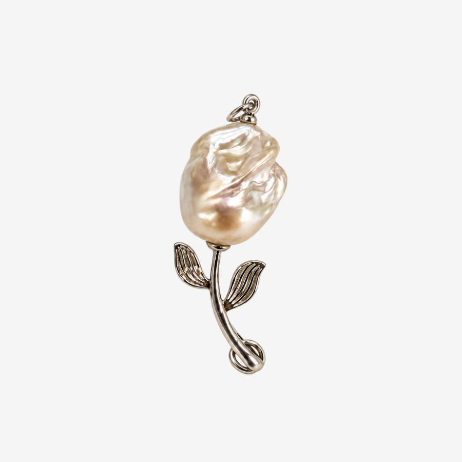 Baroque Pearl Rose Pendant for Women,Silver Tone Tulip Flower Shaped Irregular Baroque Pearl Necklace Pendant,Unique Jewelry Gift