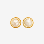 Vintage Beaded Edge Round Pearl Stud Earrings,Gold Tone Double Layer Bezel Large Pearl Button Studs for Women