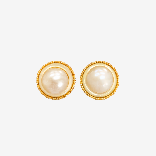 Vintage Beaded Edge Round Pearl Stud Earrings,Gold Tone Double Layer Bezel Large Pearl Button Studs for Women