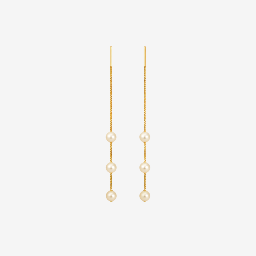 Long Gold Tone Threader Pearl Drop Earrings,Three Round Pearl Linear Chain Dainty Dangling Earrings for Women Elegant Daily Jewelry