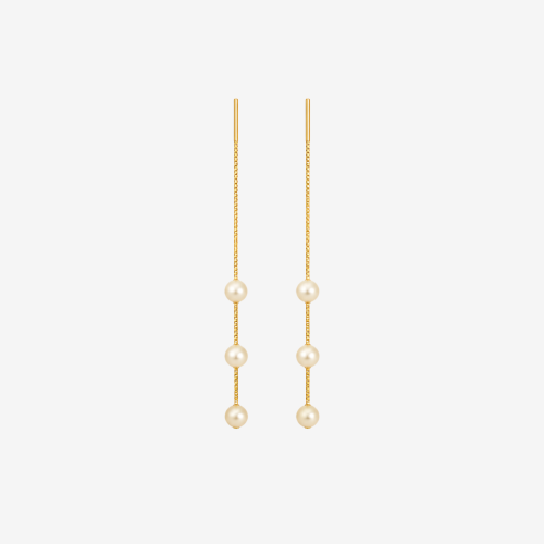 Long Gold Tone Threader Pearl Drop Earrings,Three Round Pearl Linear Chain Dainty Dangling Earrings for Women Elegant Daily Jewelry