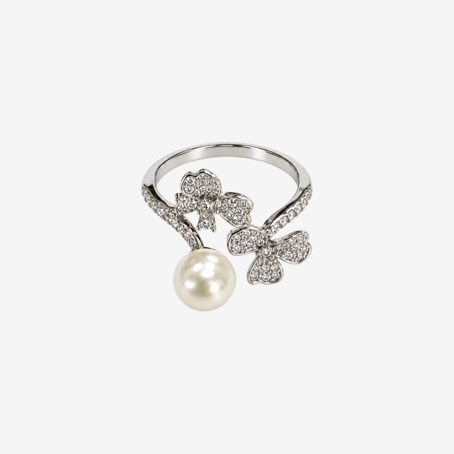 Pearl Ring for Women, Silver Tone Bow Open Ring Adjustable Statement Ring Wedding Party Jewelry