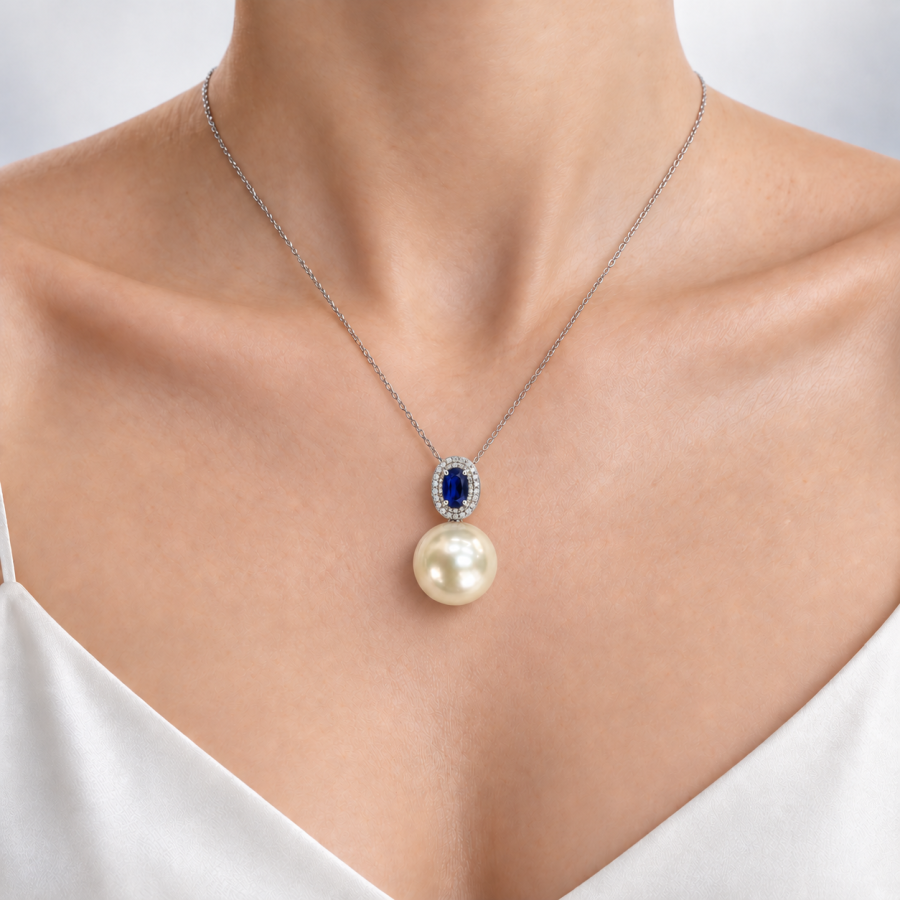 Pearl Pendant Necklace for Women, Silver Tone Oval Gemstone Drop Necklace Elegant Daily Party Jewelry
