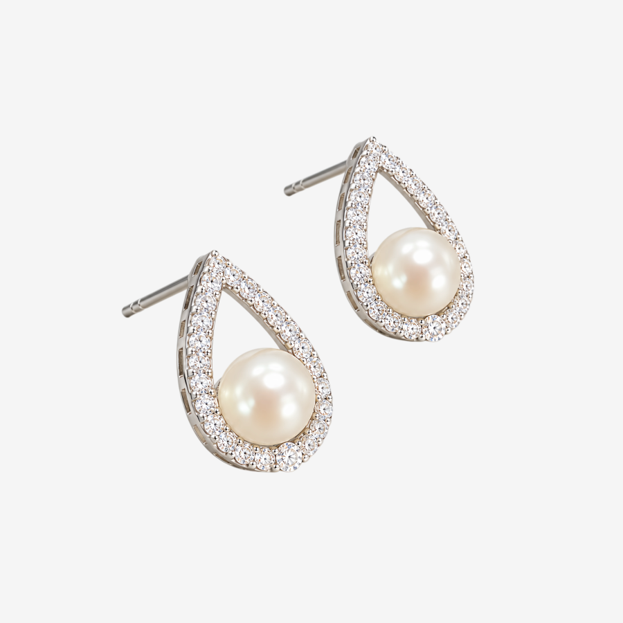Teardrop Hollow CZ Halo Pearl Stud EarringsSilver Tone Large Round Pearl Statement Earrings for Women Bridal Wedding Jewelry