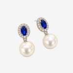 Oval Blue Sapphire CZ Halo Pearl Drop EarringsSilver Tone Dangle Earrings for Women Bridal Wedding Jewelry (2)