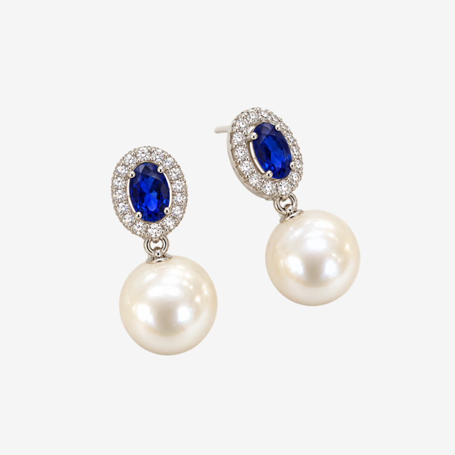 Oval Blue Sapphire CZ Halo Pearl Drop EarringsSilver Tone Dangle Earrings for Women Bridal Wedding Jewelry (2)