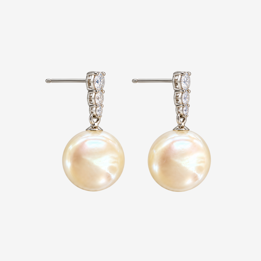 Round Pearl Drop Earrings with 3Pcs CZ Diamond Silver Tone Dangle Earrings for Women Wedding Party Jewelry