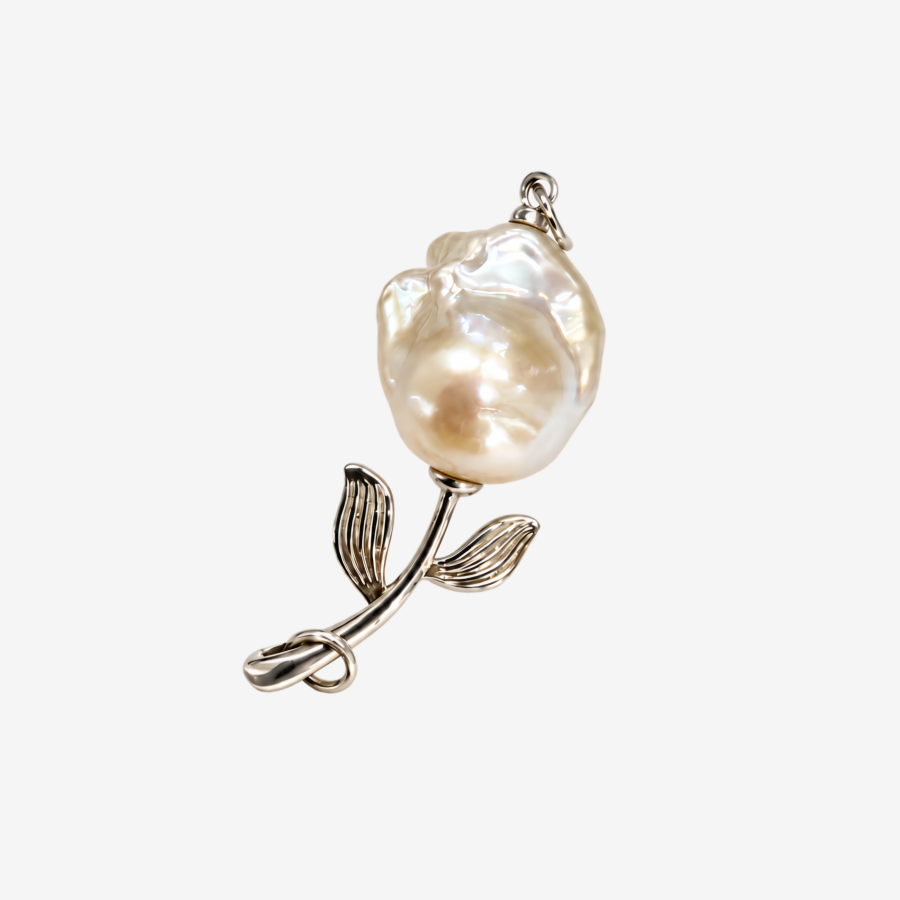 Baroque Pearl Rose Pendant for Women,Silver Tone Tulip Flower Shaped Irregular Baroque Pearl Necklace Pendant,Unique Jewelry Gift