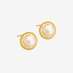 Vintage Beaded Edge Round Pearl Stud Earrings,Gold Tone Double Layer Bezel Large Pearl Button Studs for Women