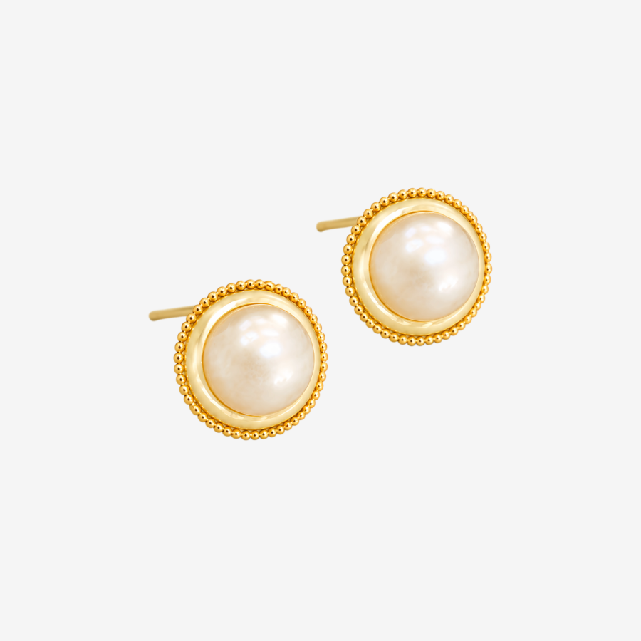 Vintage Beaded Edge Round Pearl Stud Earrings,Gold Tone Double Layer Bezel Large Pearl Button Studs for Women