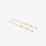 2 Long Gold Tone Threader Pearl Drop Earrings,Three Round Pearl Linear Chain Dainty Dangling Earrings for Women Elegant Daily Jewelry