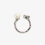 2 Pearl & Teardrop Cubic Zirconia Open Ring Hammered Silver Adjustable Statement Ring for Women Wedding Party Jewelry