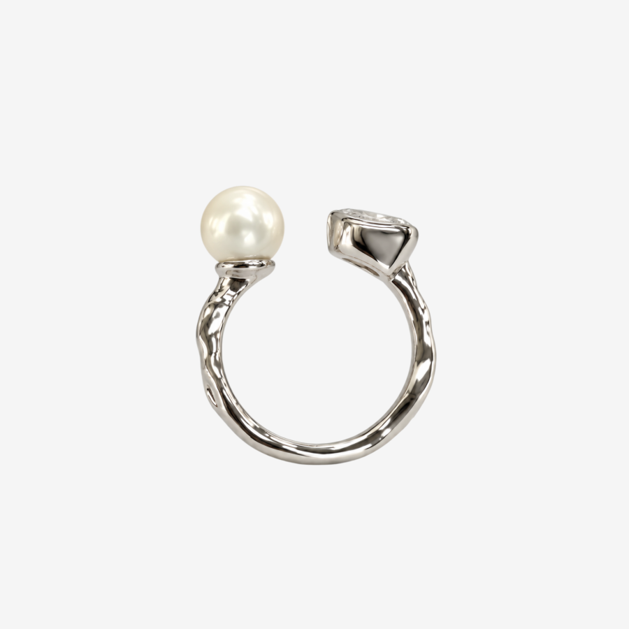 2 Pearl & Teardrop Cubic Zirconia Open Ring Hammered Silver Adjustable Statement Ring for Women Wedding Party Jewelry