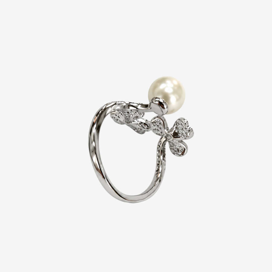Pearl Ring for Women, Silver Tone Bow Open Ring Adjustable Statement Ring Wedding Party Jewelry