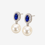 Oval Blue Sapphire CZ Halo Pearl Drop EarringsSilver Tone Dangle Earrings for Women Bridal Wedding Jewelry (2)