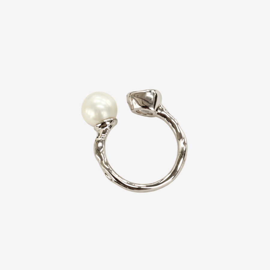 3 Pearl & Teardrop Cubic Zirconia Open Ring Hammered Silver Adjustable Statement Ring for Women Wedding Party Jewelry