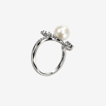 Pearl Ring for Women, Silver Tone Bow Open Ring Adjustable Statement Ring Wedding Party Jewelry