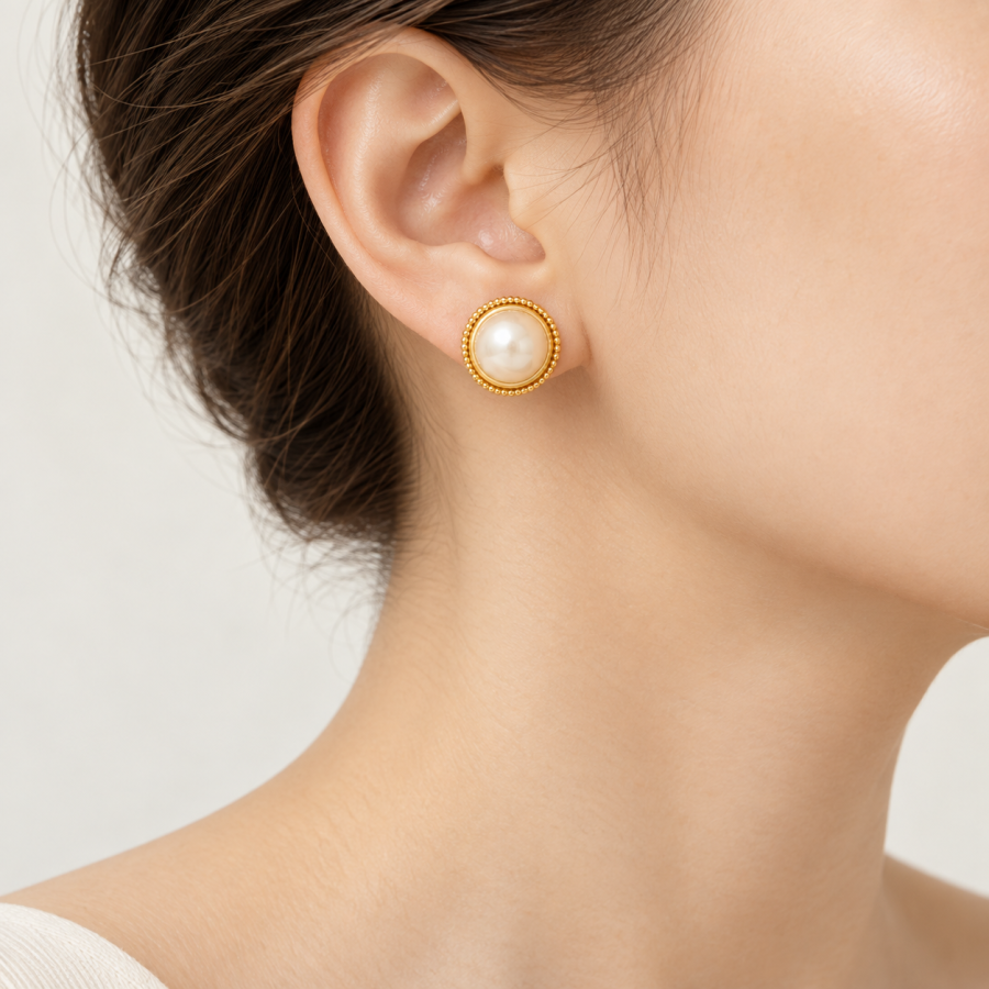 Vintage Beaded Edge Round Pearl Stud Earrings,Gold Tone Double Layer Bezel Large Pearl Button Studs for Women