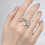 Pearl Ring for Women, Silver Tone Bow Open Ring Adjustable Statement Ring Wedding Party Jewelry