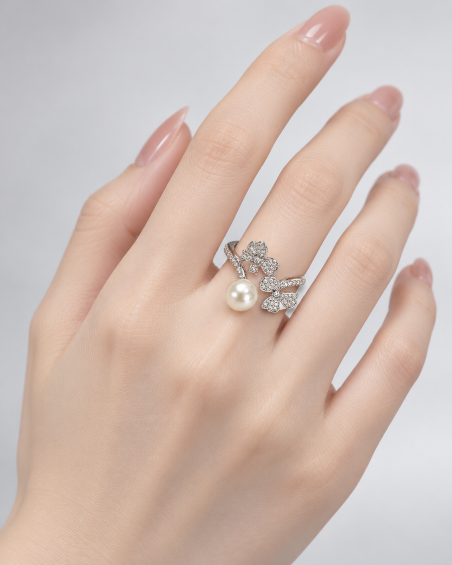 Pearl Ring for Women, Silver Tone Bow Open Ring Adjustable Statement Ring Wedding Party Jewelry