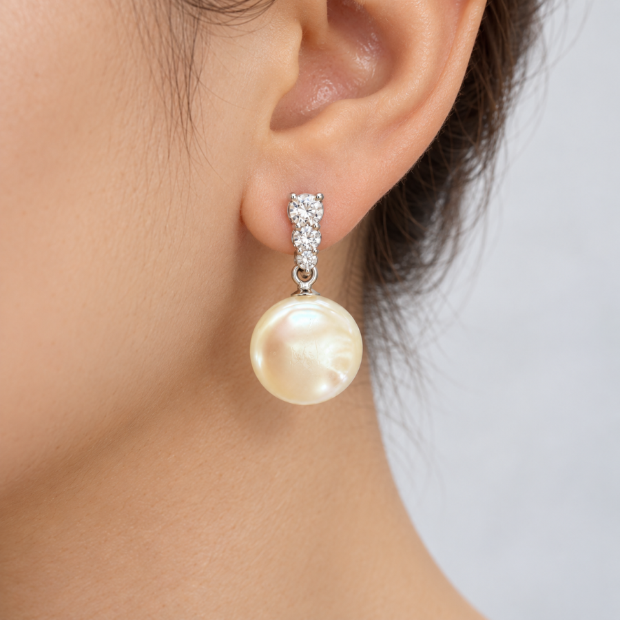 Round Pearl Drop Earrings with 3Pcs CZ Diamond Silver Tone Dangle Earrings for Women Wedding Party Jewelry