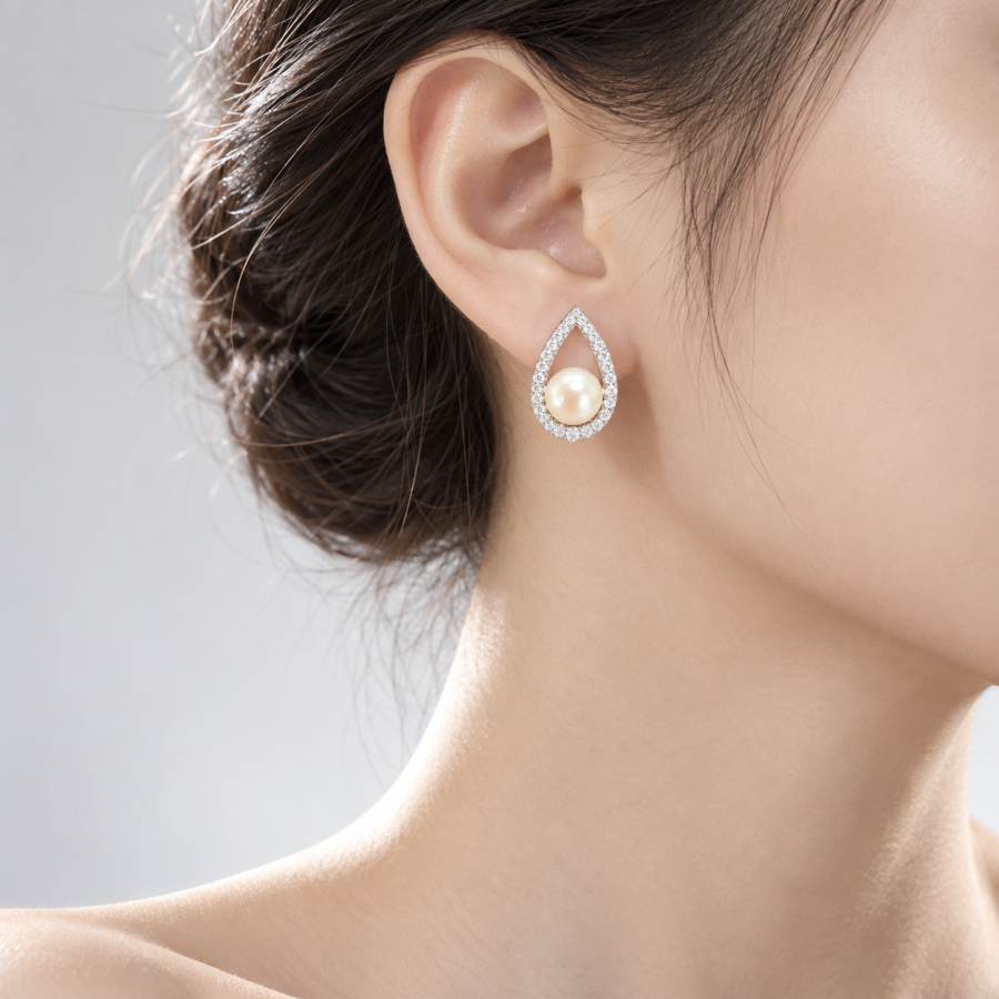 Teardrop Hollow CZ Halo Pearl Stud EarringsSilver Tone Large Round Pearl Statement Earrings for Women Bridal Wedding Jewelry