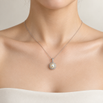 Round Pearl Pendant with Double Halo CZ Crystals,Silver Tone Large Pearl Halo Charm Pendant for Women Necklace Jewelry