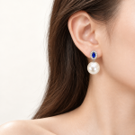 Oval Blue Sapphire CZ Halo Pearl Drop EarringsSilver Tone Dangle Earrings for Women Bridal Wedding Jewelry (2)