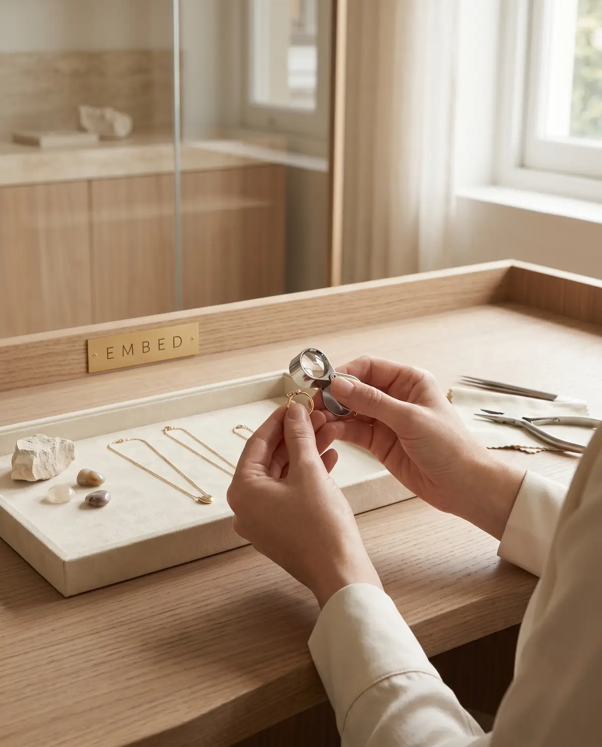 EMBED artisan inspecting a fine gold jewelry piece