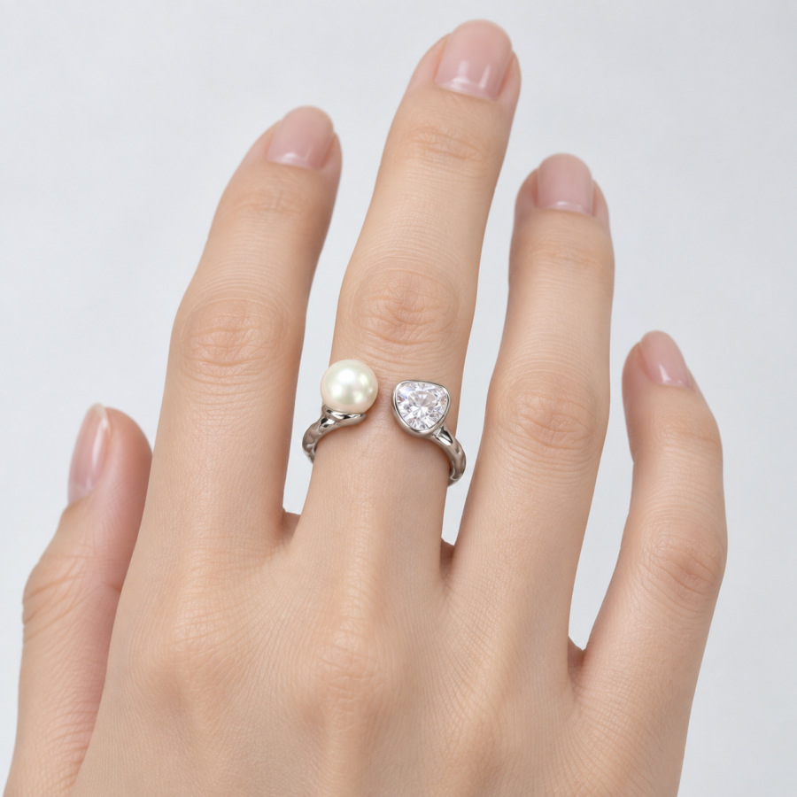 f8cfb978-5689-4701-8cfd-a320b51ed2b1 Pearl & Teardrop Cubic Zirconia Open Ring Hammered Silver Adjustable Statement Ring for Women Wedding Party Jewelry