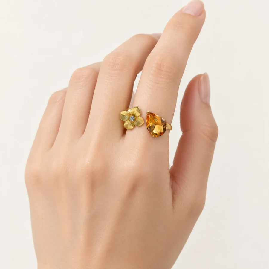 HSJ001 D Citrine Pear Flower Ring