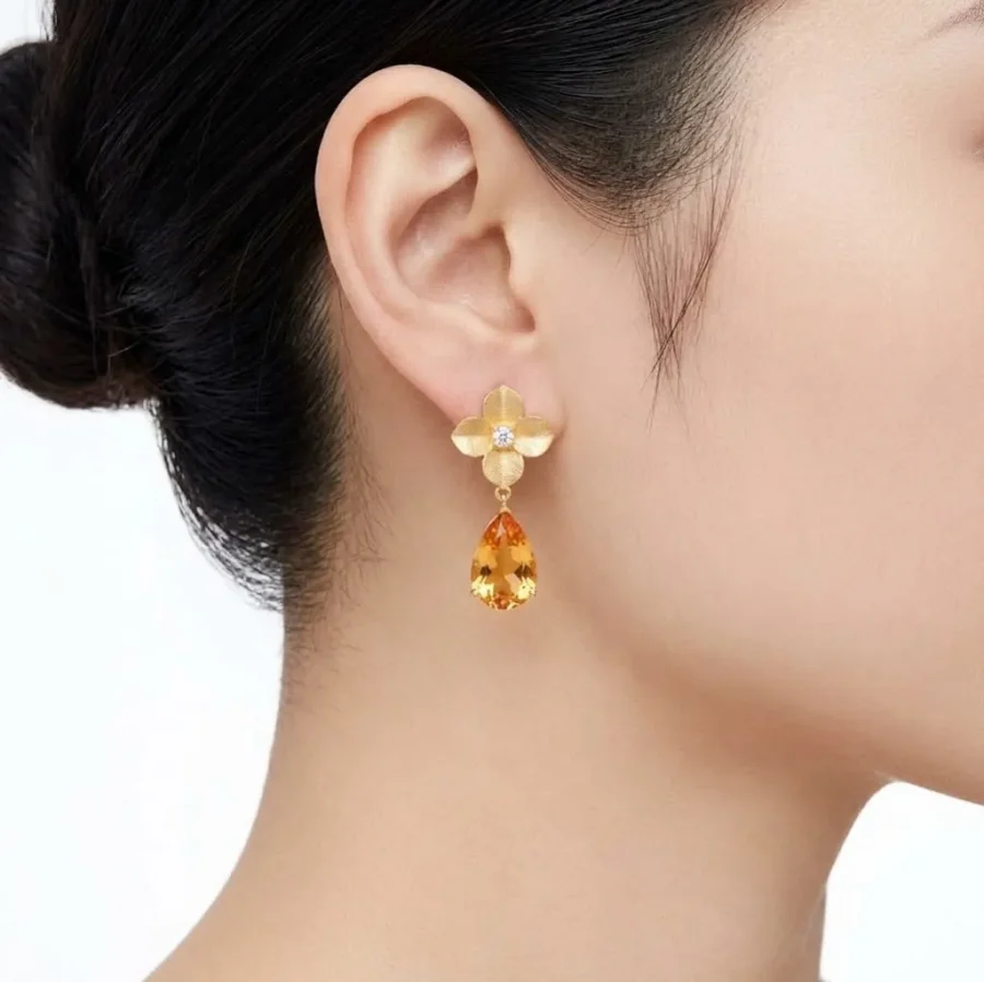 Pear Citrine Flower Earrings