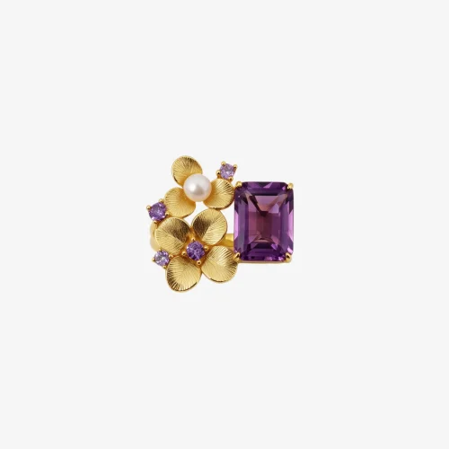 Gold Flower Amethyst Pearl Ring