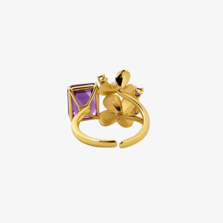 Gold Flower Amethyst Pearl Ring
