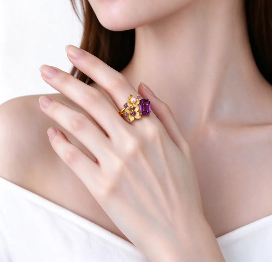Gold Flower Amethyst Pearl Ring