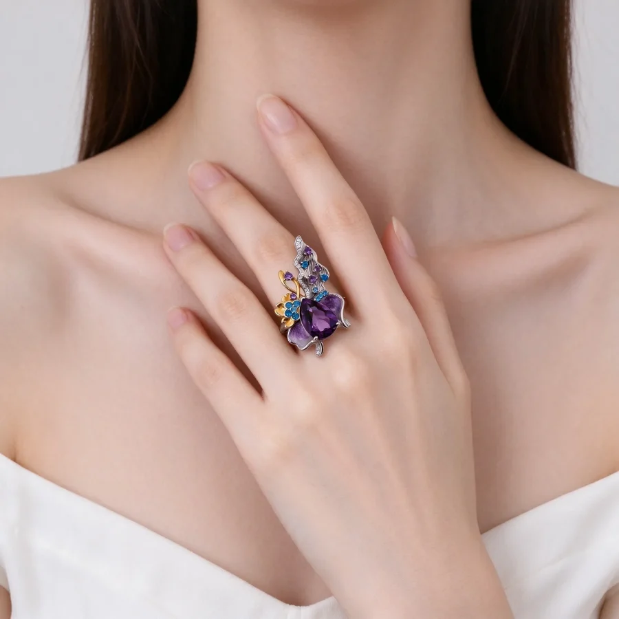 Pear Amethyst Floral Ring