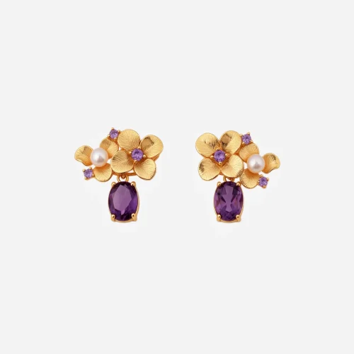 Gold Flower Amethyst Pearl Studs