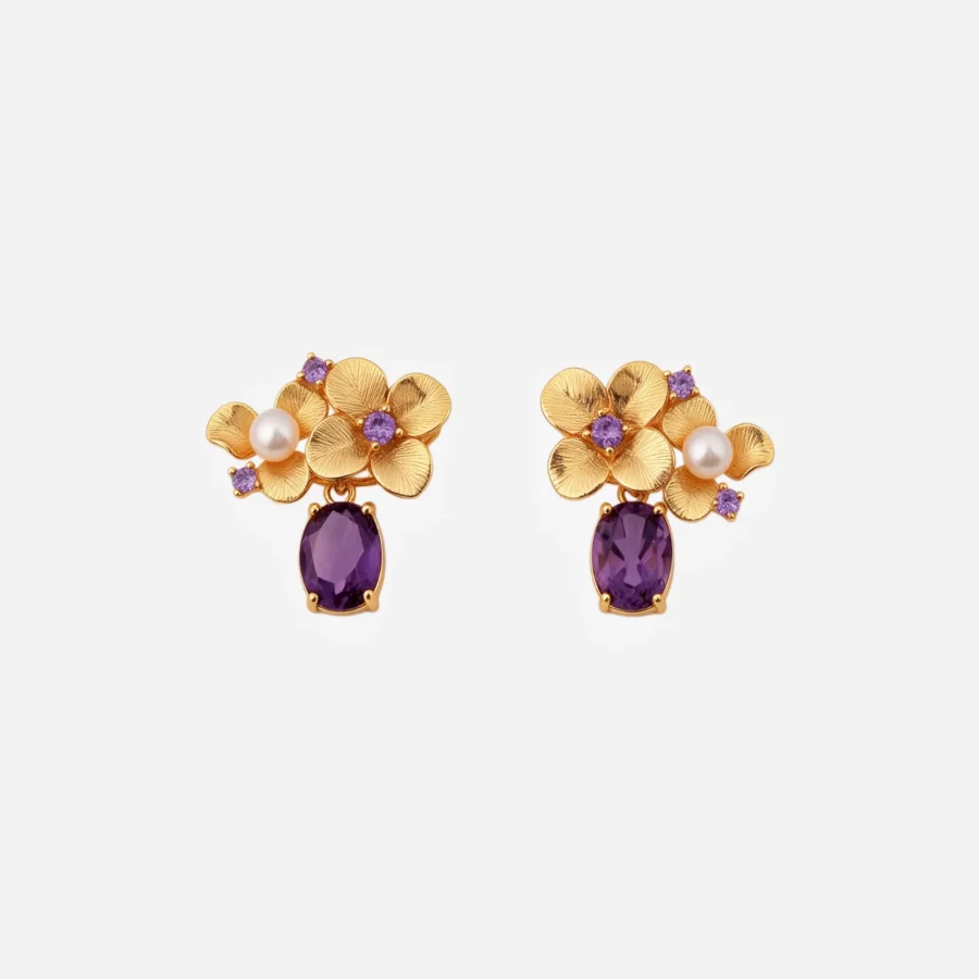 Gold Flower Amethyst Pearl Studs