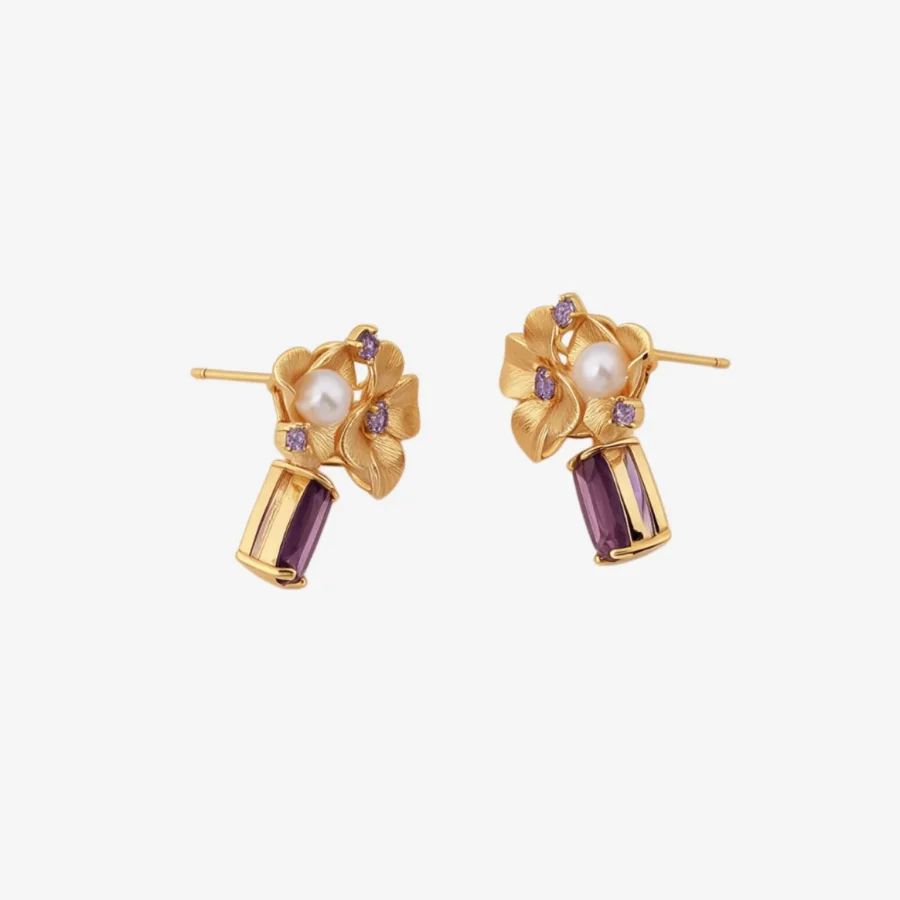 Gold Flower Amethyst Pearl Studs