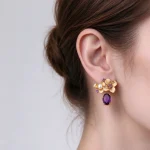 Gold Flower Amethyst Pearl Studs