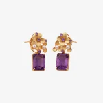 Gold Flower Square Amethyst Earrings