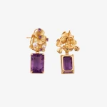 Gold Flower Square Amethyst Earrings