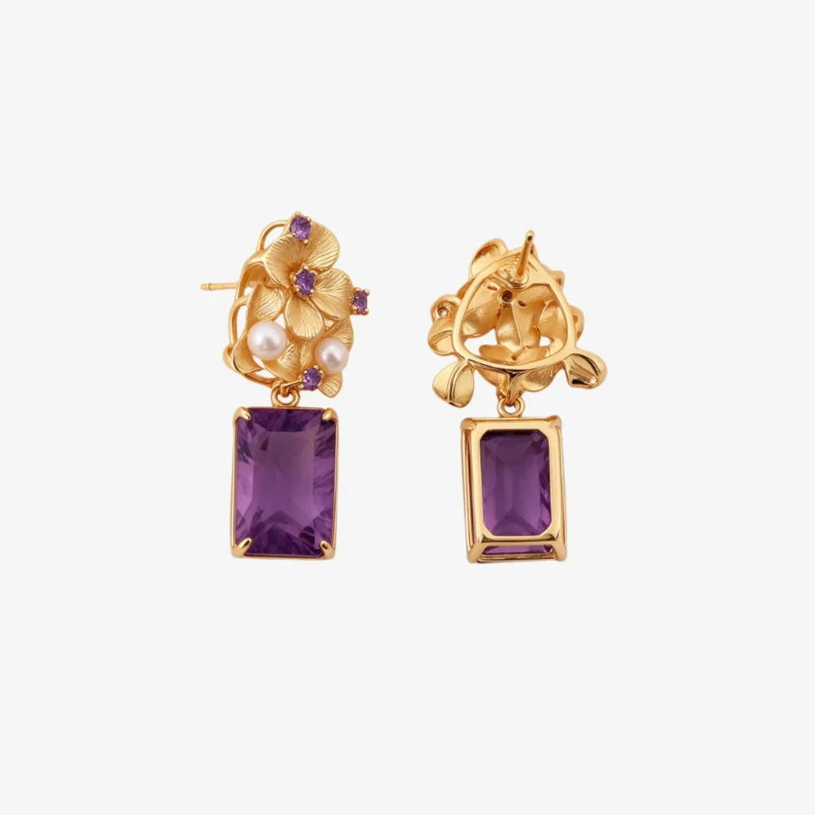 Gold Flower Square Amethyst Earrings
