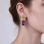 Gold Flower Square Amethyst Earrings