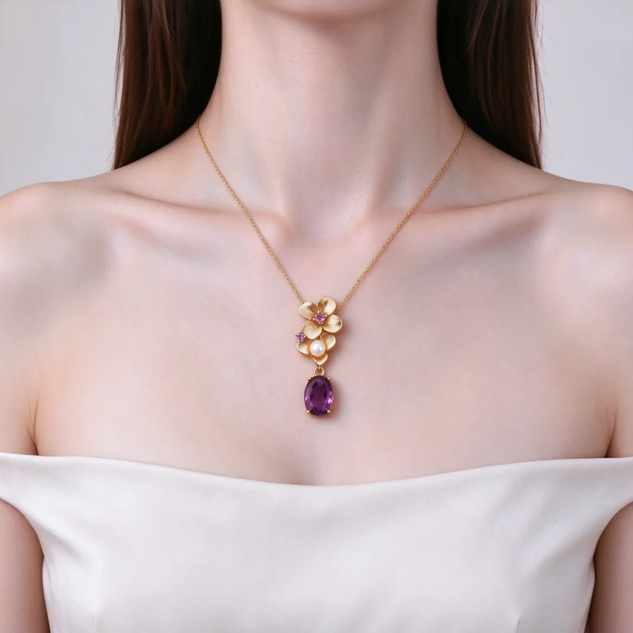 Gold Floral Pearl Amethyst Pendant